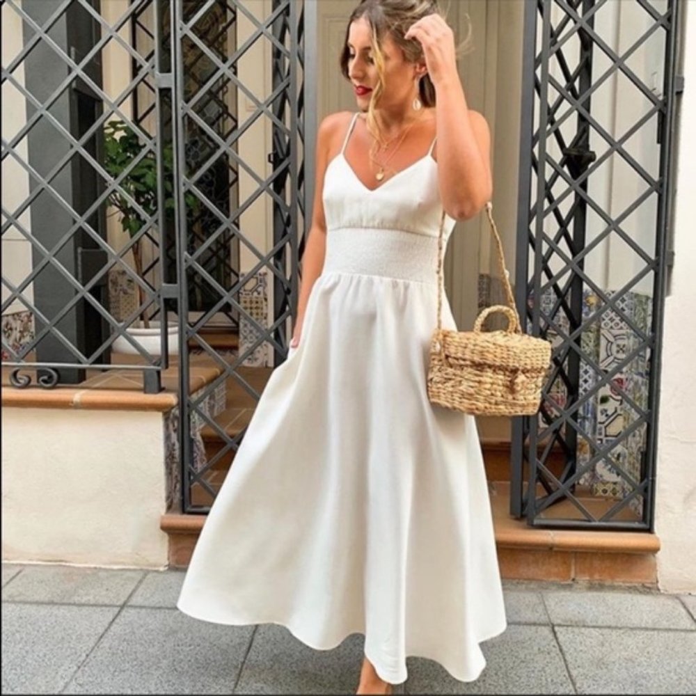 ZARA V NECK LINEN VOLUMINOUS FLOWY MAXI MIDI DRESS - Picture 2 of 14